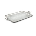 A LARGE SILVER PLATED TWO HANDLED SERVING TRAY, of rectangular form, the rim and handles cast with