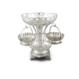 AN EDWARDIAN SILVER PLATED EPERGNE, the central fruit basket hung with three smaller baskets.