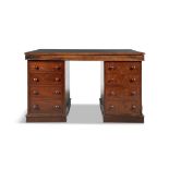 A VICTORIAN MAHOGANY RECTANGULAR TWIN PEDESTAL DESK, the plain moulded top above four drawers and a