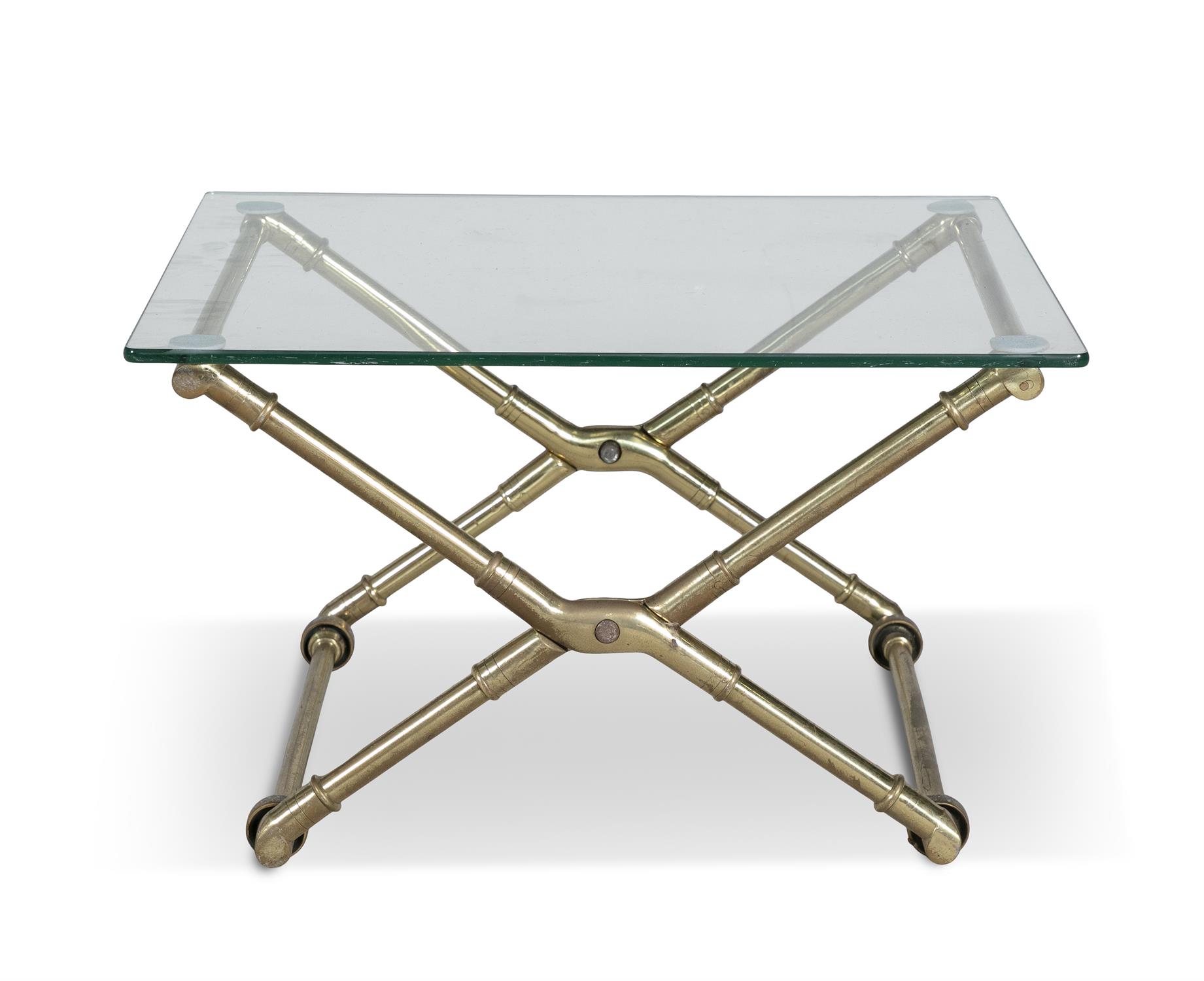 A BRASS TUBULAR FOLDING 'X' FRAME COFFEE TABLE, with a rectangular plate glass top. 64.5 x 55. - Image 2 of 2