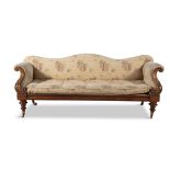 AN EARLY VICTORIAN MAHOGANY FRAMED HUMP BACK SETTEE, upholstered in later 'tapestry style' cream