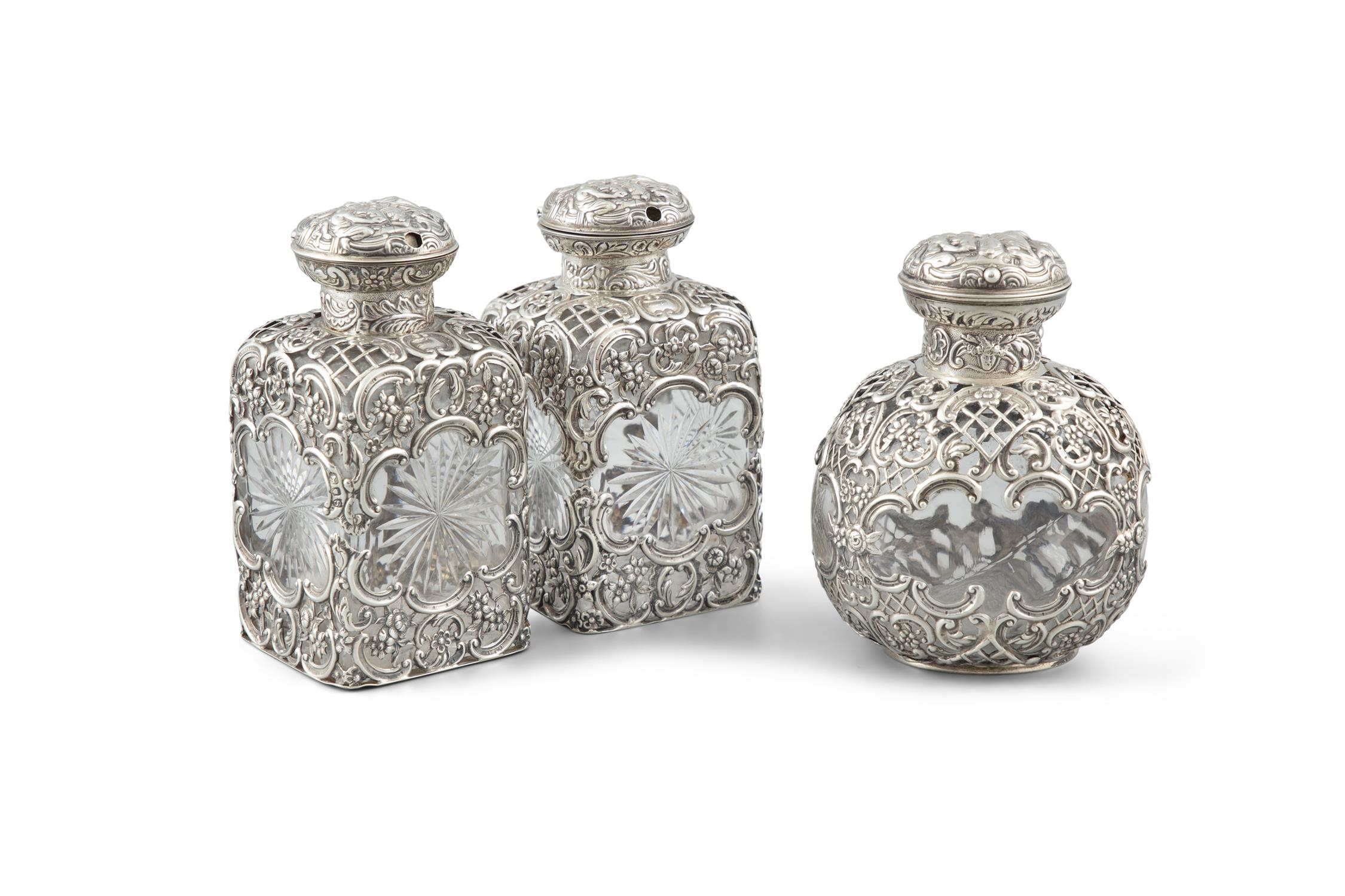 THREE VICTORIAN SILVER OVERLAID AND GLASS PERFUME FLASKS, London, c.1893/1897, with mark of - Image 2 of 3