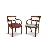 A PAIR OF WILLIAM IV ROSEWOOD OPEN ARMCHAIRS, each with upholstered drop-in seats,