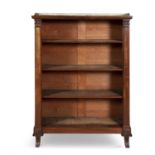 A MAHOGANY RECTANGULAR OPEN BOOKCASE, with gilt brass gallery rail above open shelves,