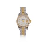 A LADY'S STAINLESS STEEL, GOLD AND MOTHER-OF-PEARL CALENDAR WATCH, BY ROLEX, 29-jewel Cal-2135