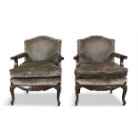 A PAIR OF VICTORIAN MAHOGANY FRAMED ARMCHAIRS, upholstered in grey velour 'Andrew Martin' fabric,