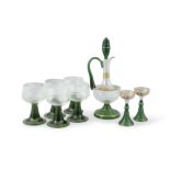 A 19TH CENTURY BONHEMIAN GREEN AND GILDED GLASS DECANTER WITH FIVE WINE GLASSES with etched bowls