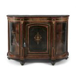 A 19TH CENTURY EBON AND WALNUT INLAID BOWFRONT CREDENZA, with central fielded panel door,