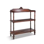 A VICTORIAN MAHOGANY RECTANGULAR THREE TIER DUMB WAITER, with raised panel back, raised on turned