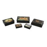 AN ASSORTED COLLECTION OF FIVE RUSSIAN LACQUER BOXES, including a large rectangular box and cover