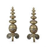 A PAIR OF DUTCH BRASS ANDIRONS, 18th century, each with pointed finial and four graduated lobes,