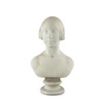 A 19TH CENTURY WHITE MARBLE BUST OF A YOUNG LADY BY W. THEED, 1845. 38cm high (49cm high including