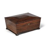 A VICTORIAN TIGERWOOD RECTANGULAR WORK BOX, the flat domed lid with inlaid initials 'AA',