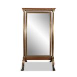 A MAHOGANY FRAMED CHEVAL MIRROR, with matched adjustable rectangular plate, supported on uprights