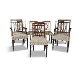 A SET OF EIGHT GEORGIAN STYLE MAHOGANY LATTICE BACK DINING CHAIRS, with stuffed upholstered seats