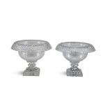 A PAIR OF IRISH CUT GLASS TURN OVER BOWLS, c.1830, diamond cut, on facetted knobbed stems and