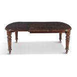 A VICTORIAN MAHOGANY EXTENDING DINING TABLE, the thumb moulded rim and plain frieze,