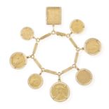 A GOLD COIN CHARM BRACELET, formed as seven graduated gold coins and a pendant, each contained