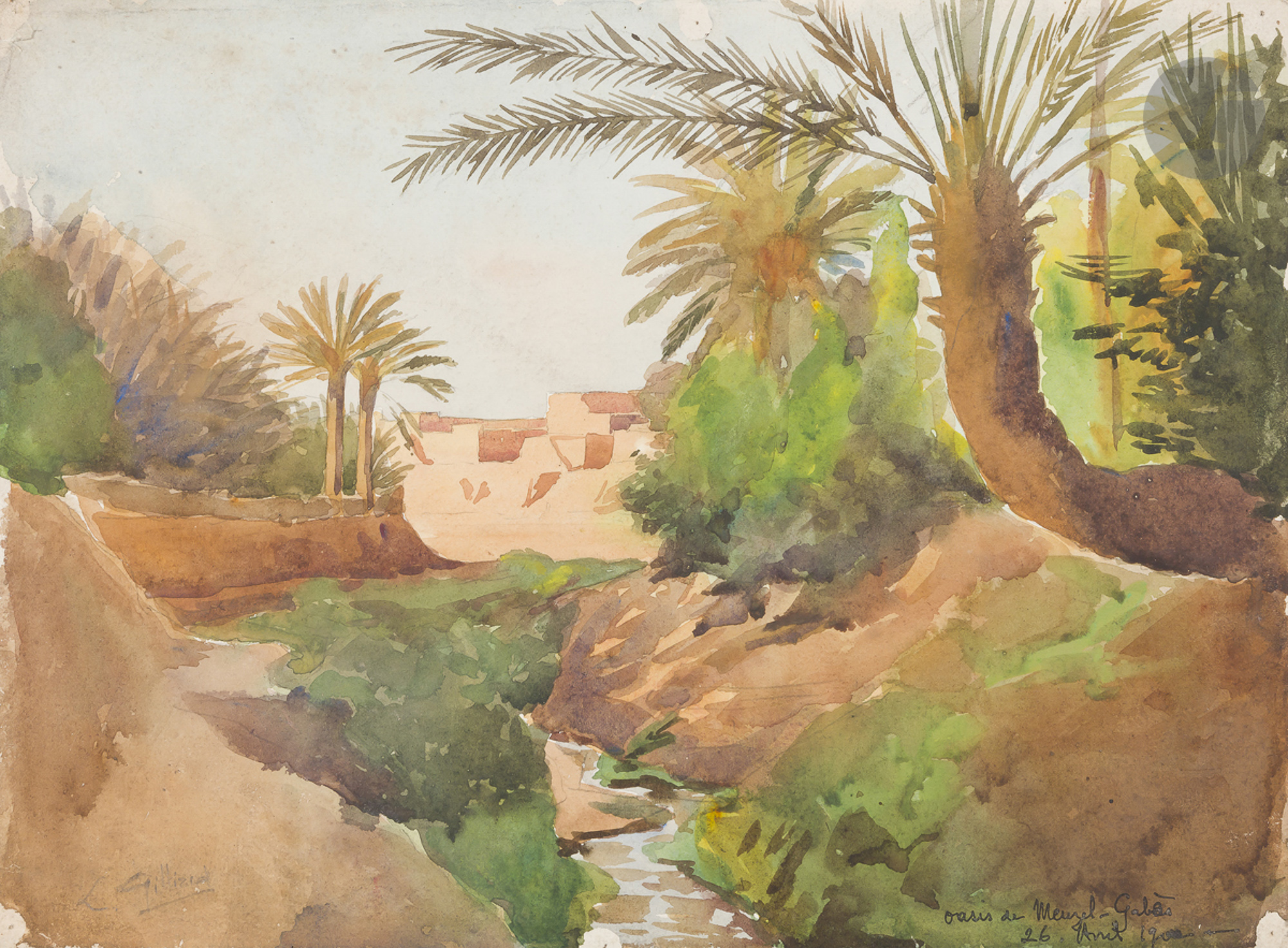 GILLIARD Oasis de Meuzel Gabès, 1902 2 aquarelles. Signées, datées et annotées. 25 x 34 cm et 16 x - Image 2 of 2