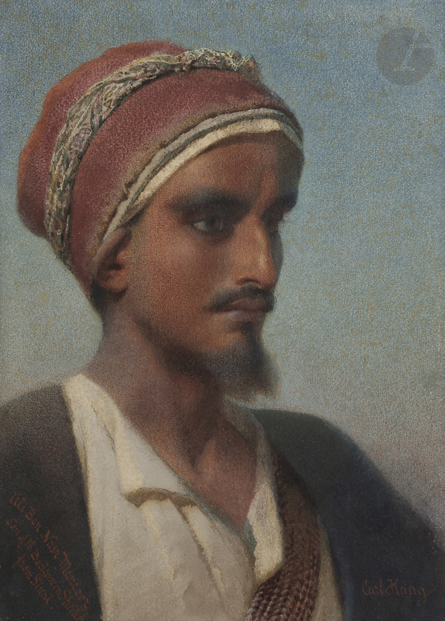 Carl HAAG (1820-1915) Portrait d'Ali Ben Nasr Mansour, 1858 Aquarelle. Signée en bas à droite.