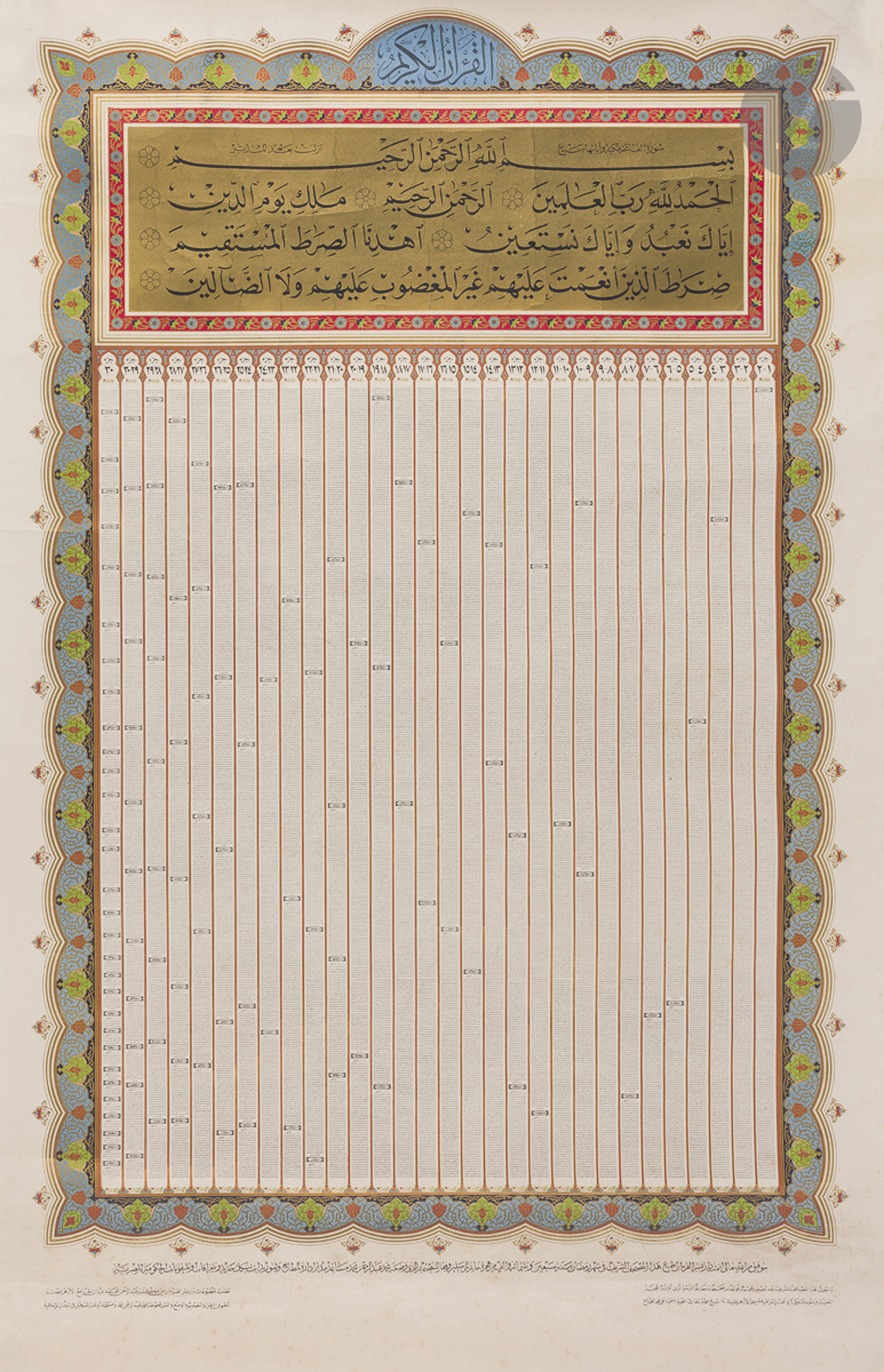 Coran lithographié, format affiche, Égypte, Le Caire, daté 1951 Coran imprimé en polychromie,