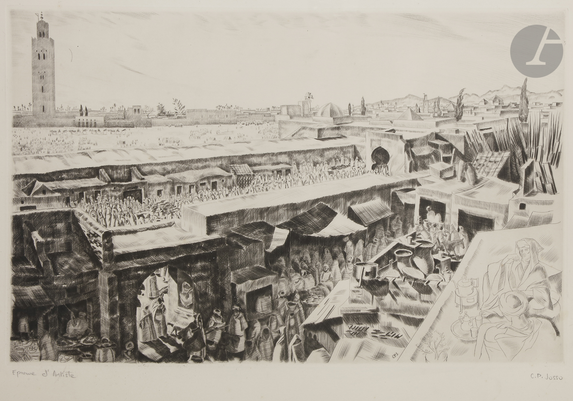 Camille Paul JOSSO (1902-1986) Meknes ; Remparts ; Souk Trois eaux-fortes. Situées et signées en bas