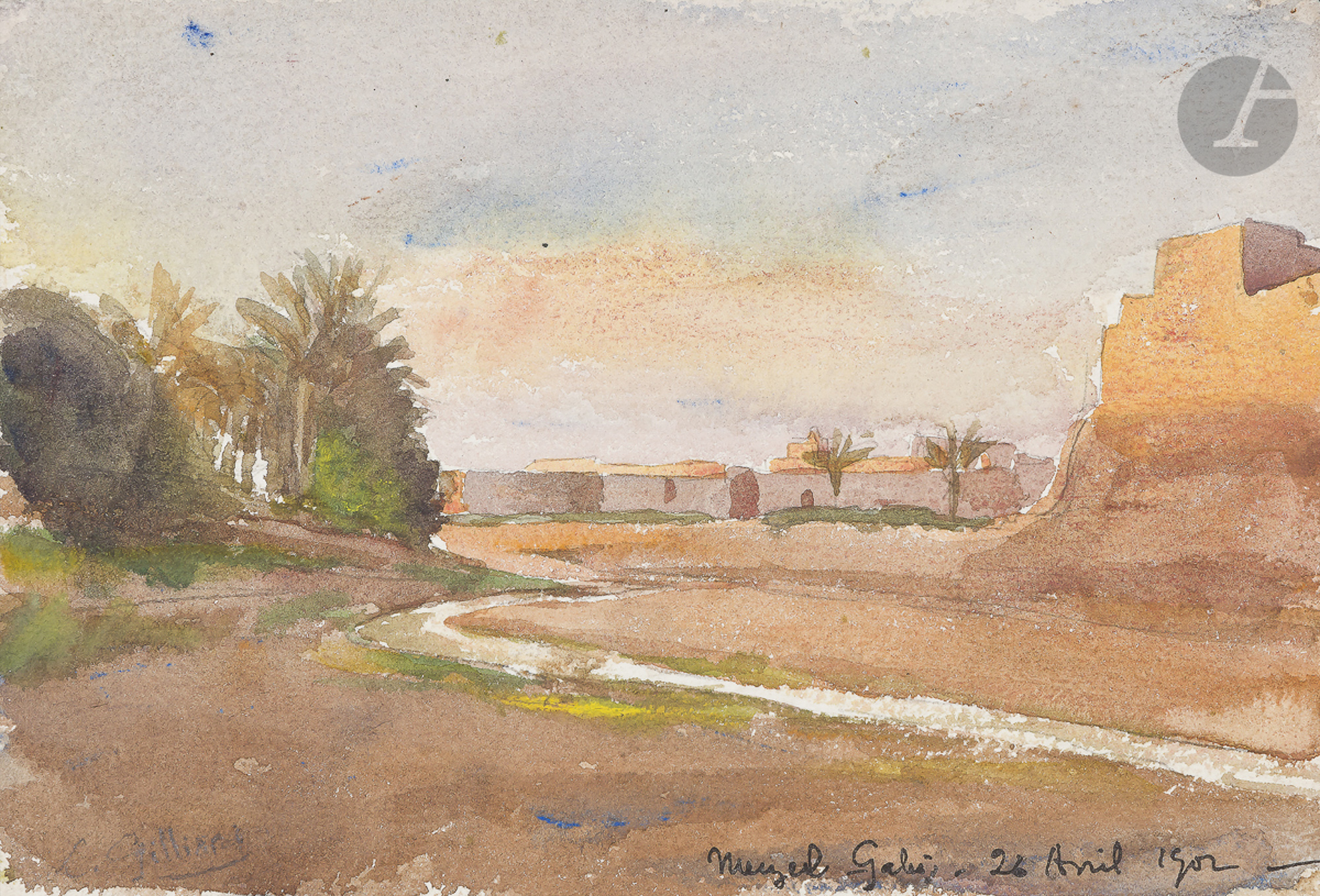 GILLIARD Oasis de Meuzel Gabès, 1902 2 aquarelles. Signées, datées et annotées. 25 x 34 cm et 16 x