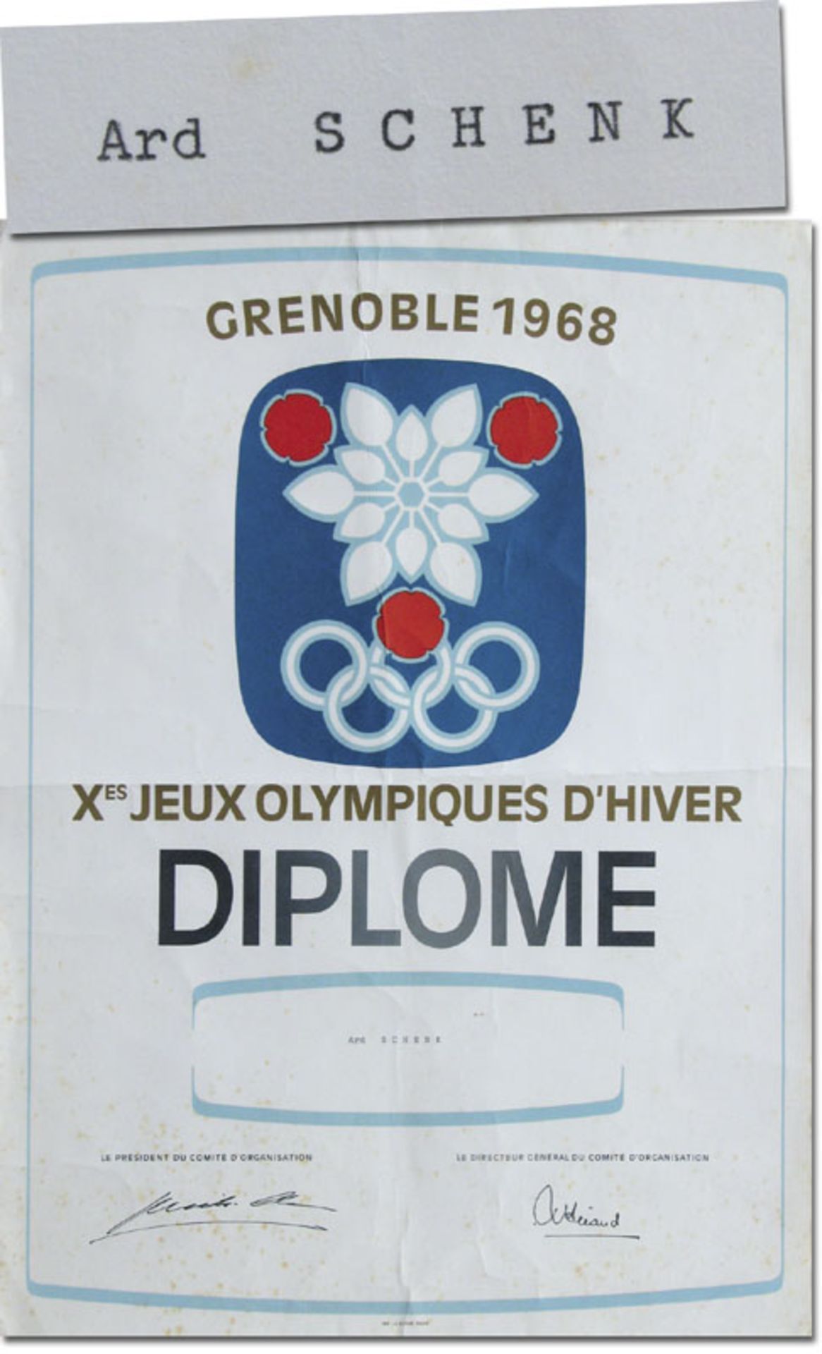 Olympiadiplom OSW1968 - Teilnehmerdiplom „Grenoble 1968. Xes Jeux Olympiques D'hiver. Diplome Ard Sc