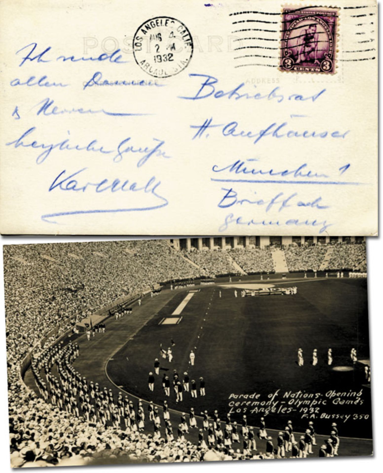 Autograph Olympic Games 1932 Postcard - Black-and-white postcard showing the Opening Ceremony of the