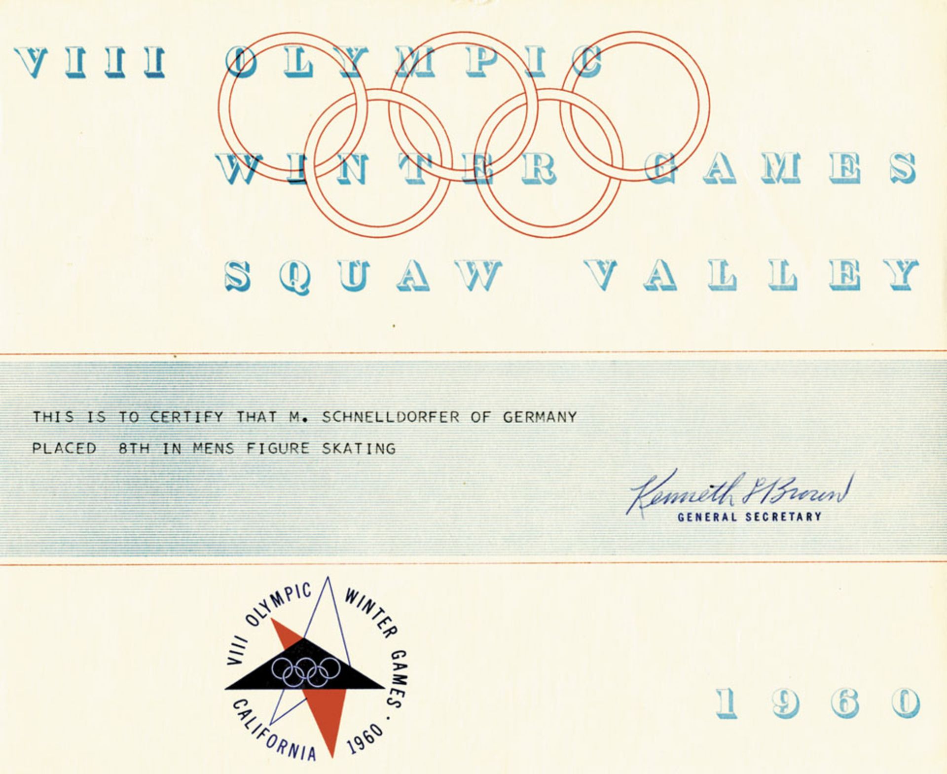 Olympic Games 1960. Winner diploma figure skating - "This is to certify that M.Schnelldorfer of Germ