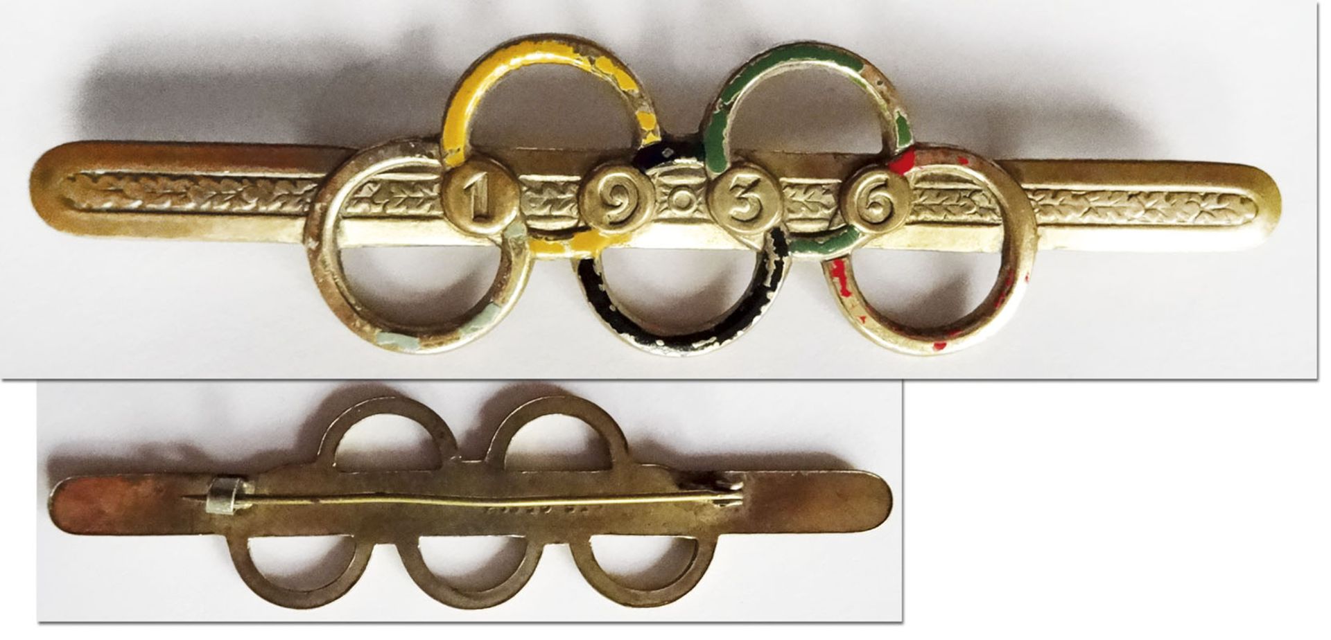 Olympic Games 1936 Golden Brooch - Gilded commemorative Brooch with the year 1936 and four-color ena
