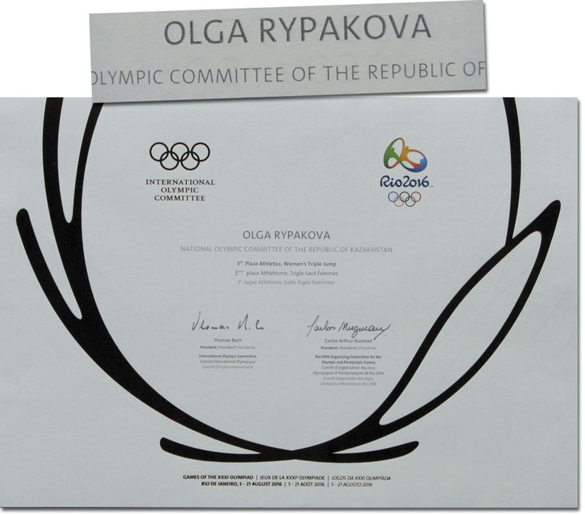 Olympiadiplom OSS2016 - Offizielle Siegerurkunde für die Olympischen Sommerspiele Rio de Janeiro 201