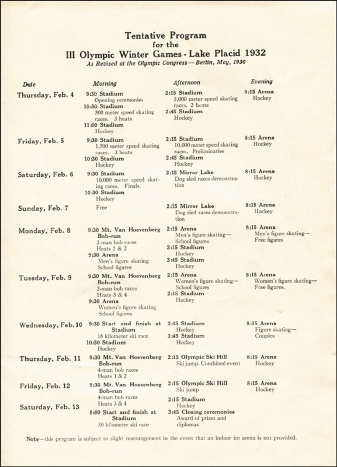 Olympic Winter Games 1932 Tentative Programm 1930 - Tentative Program for the III Olympic Games - La