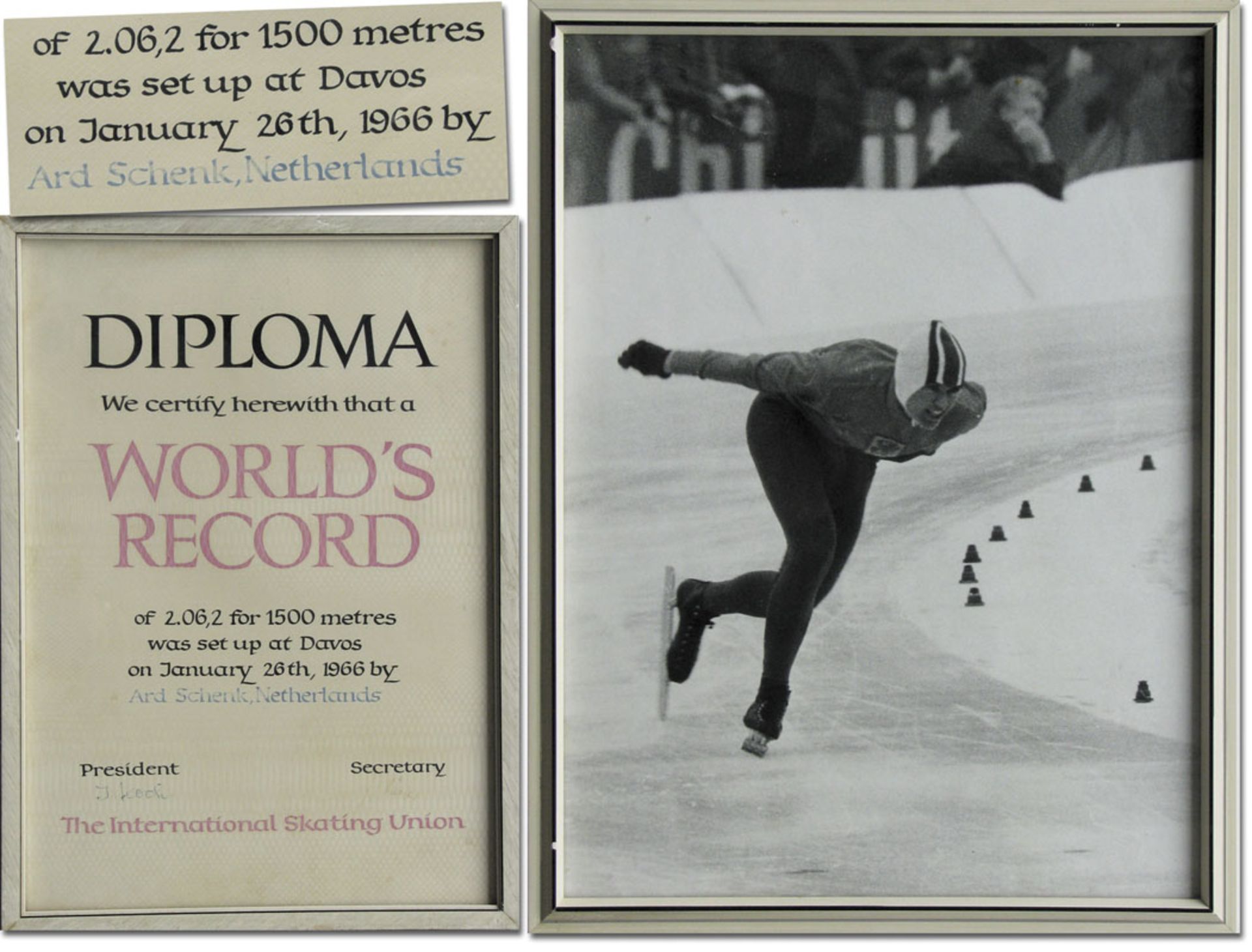 World Record Diploma 1966 Iceskating Netherlands - Official certificate speed skating  "Diploma. We 