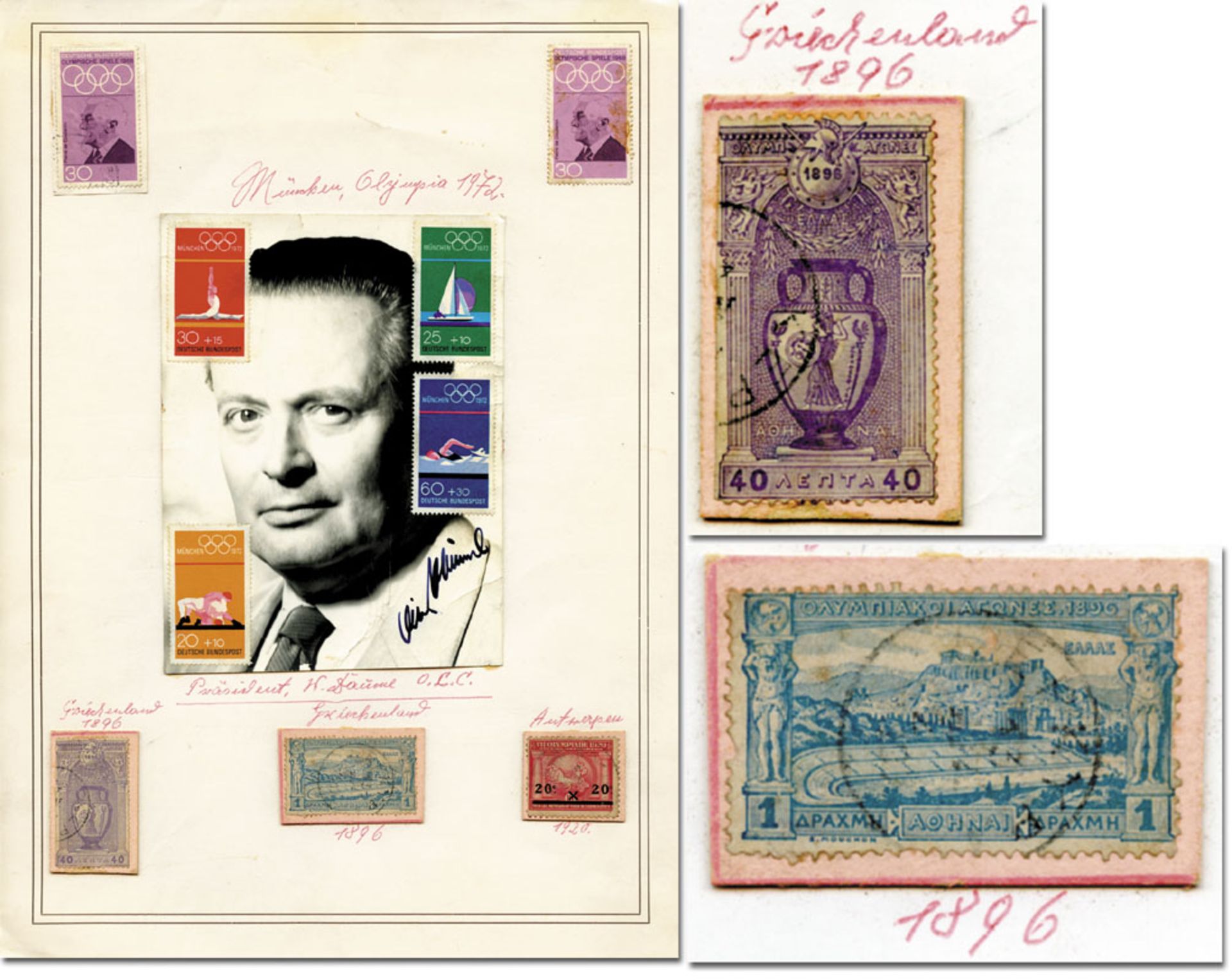 Philatelie OSS 1896-1972 - Sammelblatt mit 9 original Briefmarken von den Olympischen Spielen 1896, 