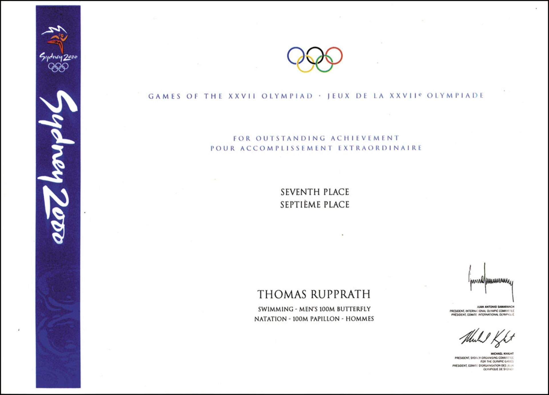 Olympic Games Sydney 2000. Participation Diploma - Official diploma for athletes and IOC-Members. Wi