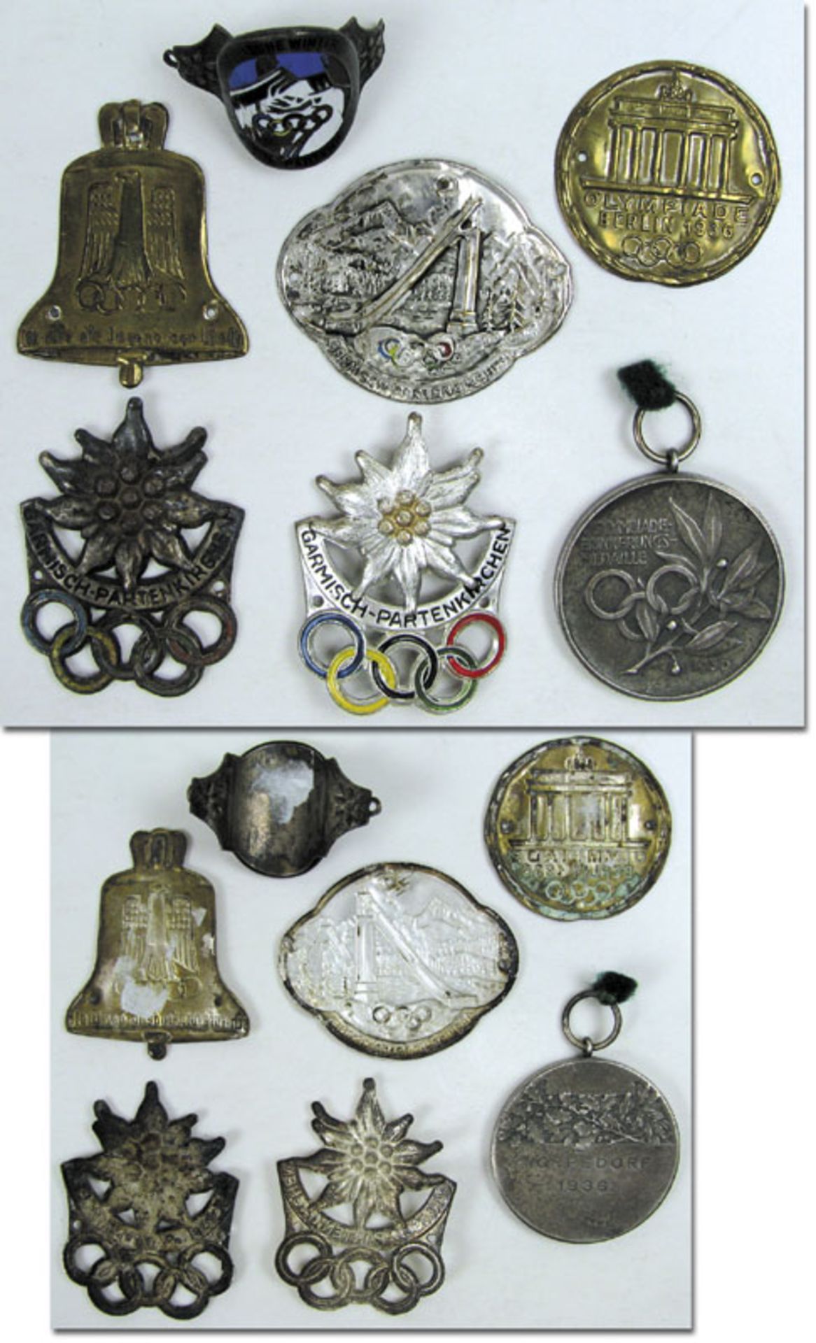 Olympic Games 1936 Commemorative Badges - Six stick nail badges and a medal on occasion of the Olymp