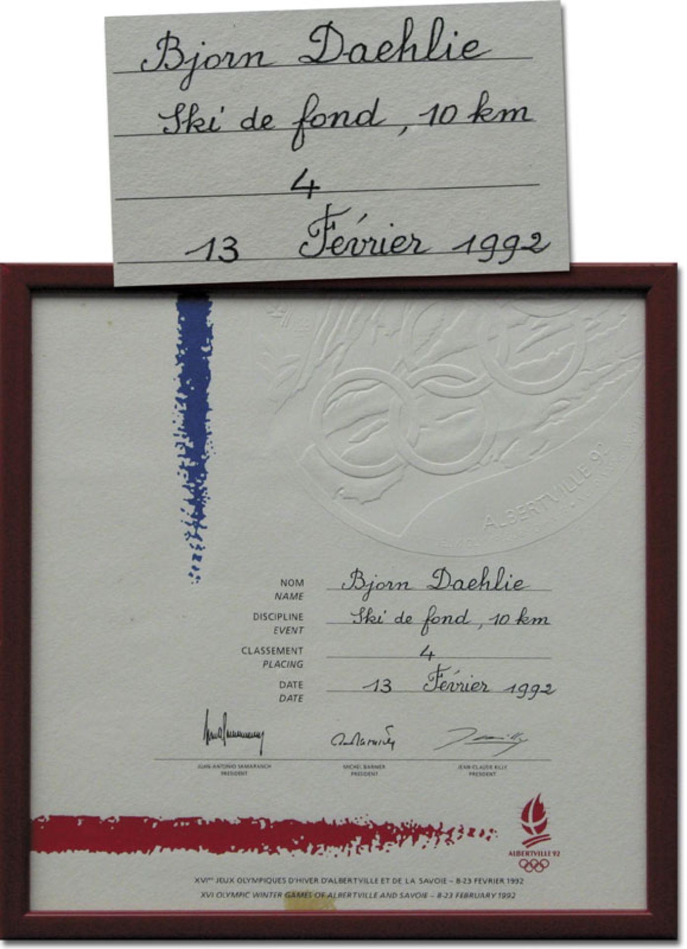 Olympic Winter Games 1992 Winner Diploma Daehli - Winner certificate for the 4th place at the Olympi