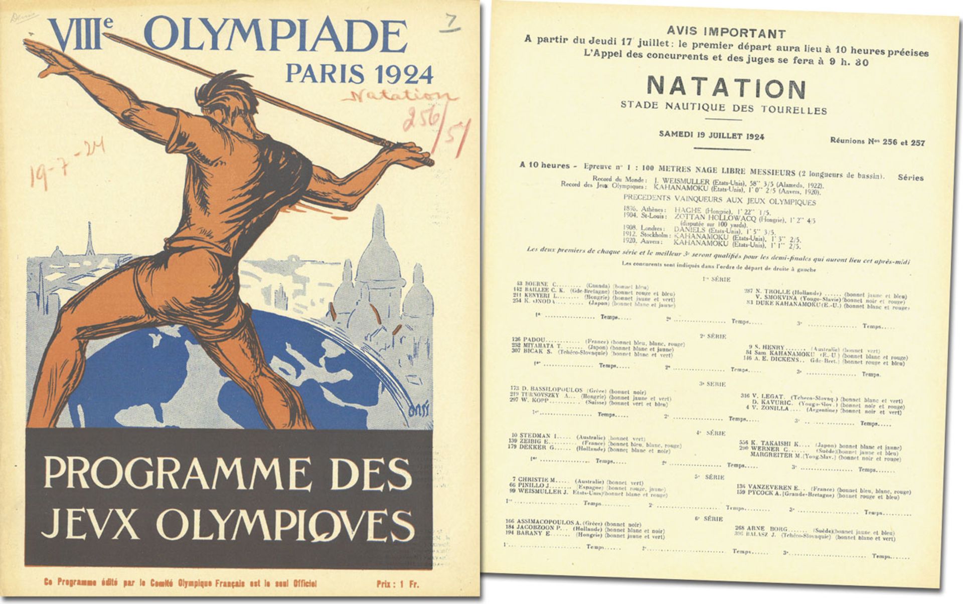 Programm OSS1924 - VIIIe Olympiade Paris 1924. Programme des Jeux Olympiques. Mardi 19 Juillet. Reun