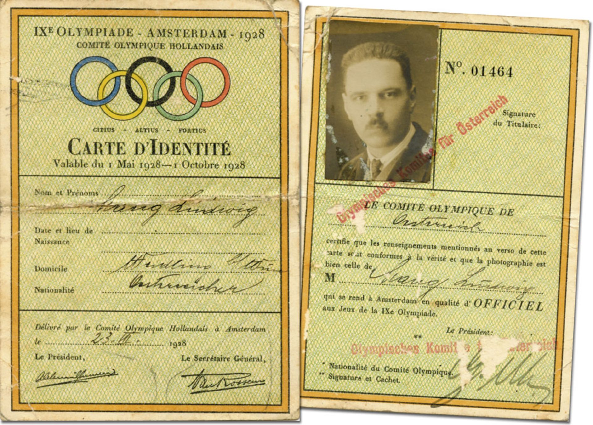 Olympic Games Amsterdam 1928. ID-Card for athlets - Carte d´Identité IXe Olympiade Amsterdam 1928. O