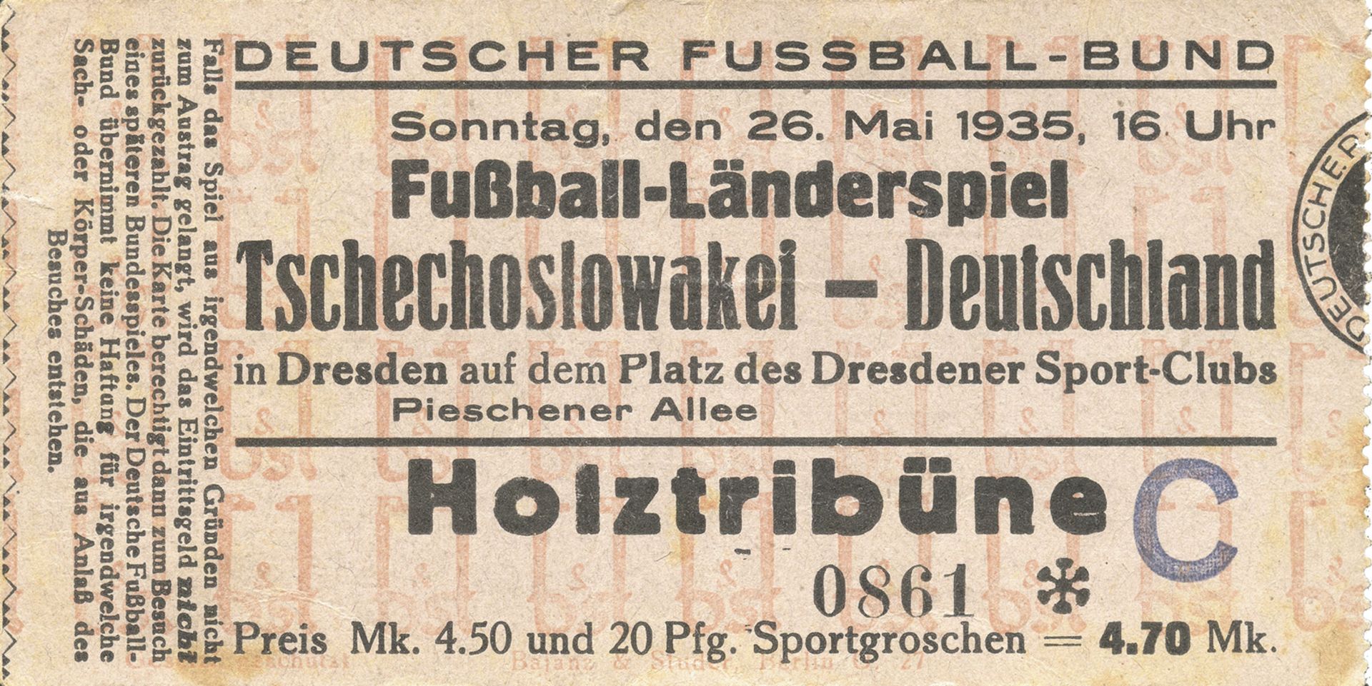Football Ticket Germany - Czechoslovakia - on May 26th, 1935 in Dresden. Size 12x6 cm. -- back side 