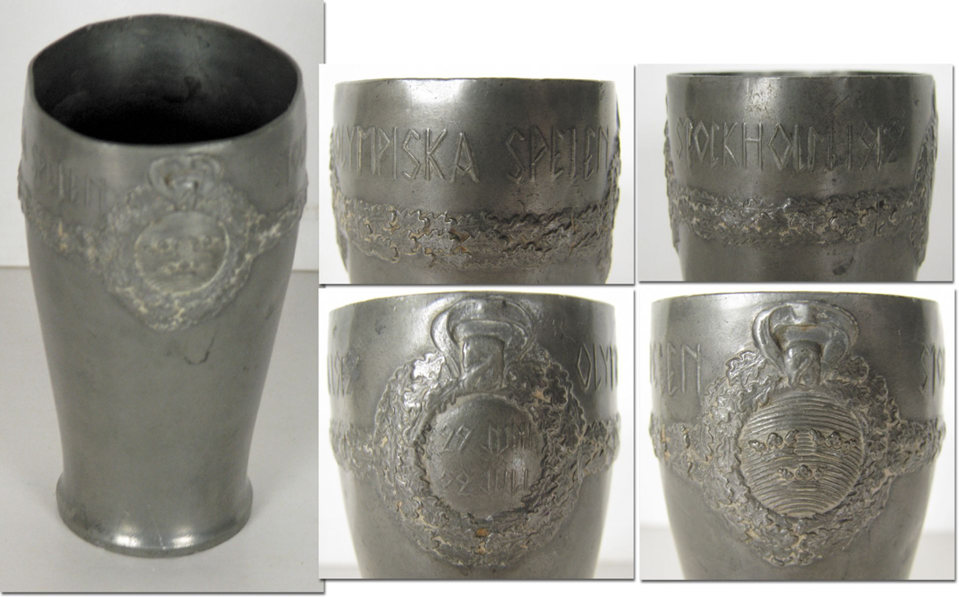 Olympic Games 1912. Commemorative Pewter cup - Pewter beaker with relief Swedish Coat of Arms and oa