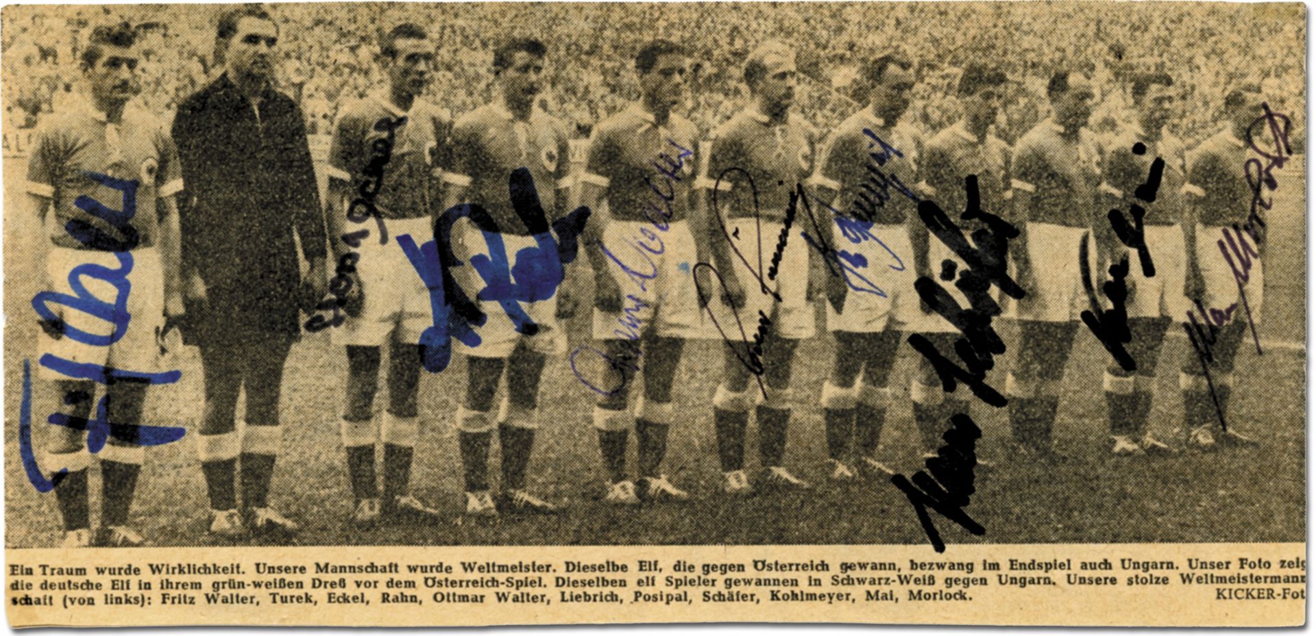 World Cup 1954. Magazinfoto with german autograph - Black-and-white newspaper photo of the German fo