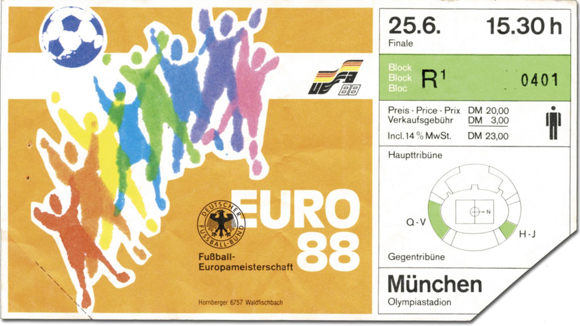 Eintrittskarte EM1988 - Euro 1988 Endspiel (Holland - UdSSR) am 25.6.1988 in München. 18x10cm. -