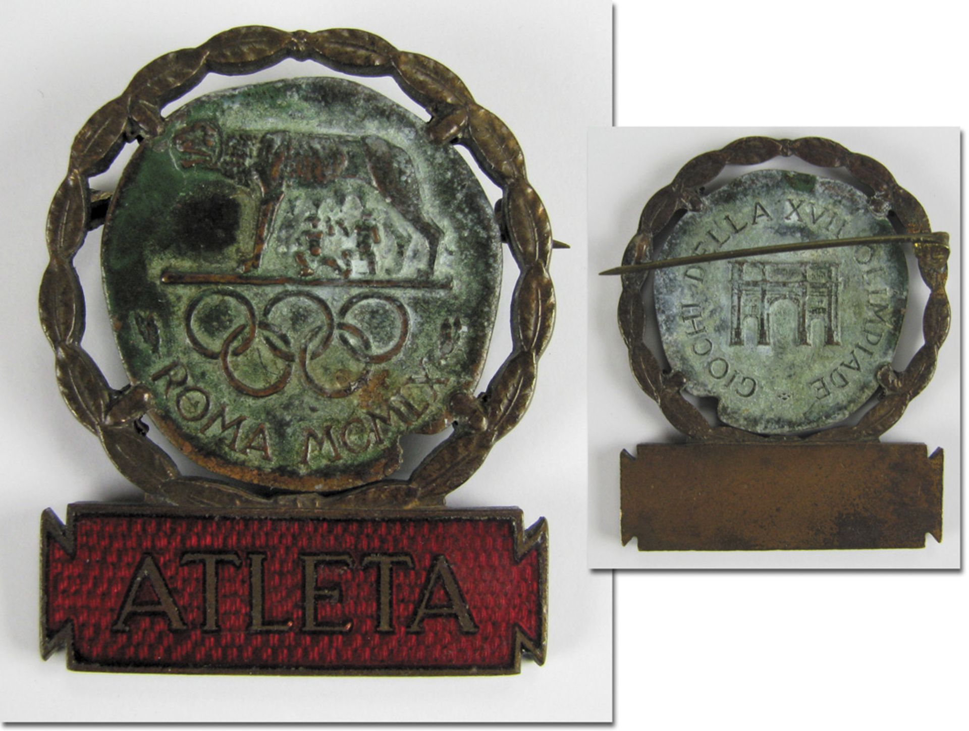 Participation Badge:Olympic Games 1960 Rome. - Bronze relief motif with red enamelled bar with inscr