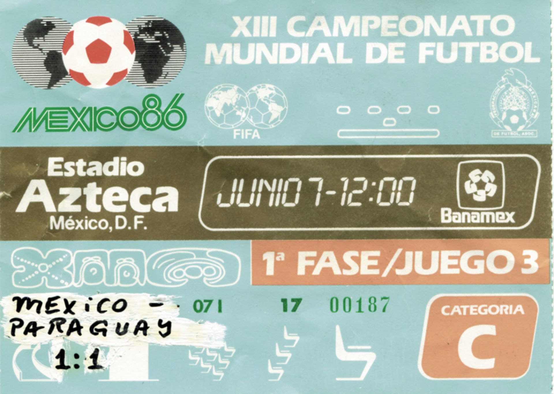 Ticket: World Cup 1986 Mexico v Paraguay - Group match: Mexico - Paraguay (1 - 1) on June 7, 1986 in