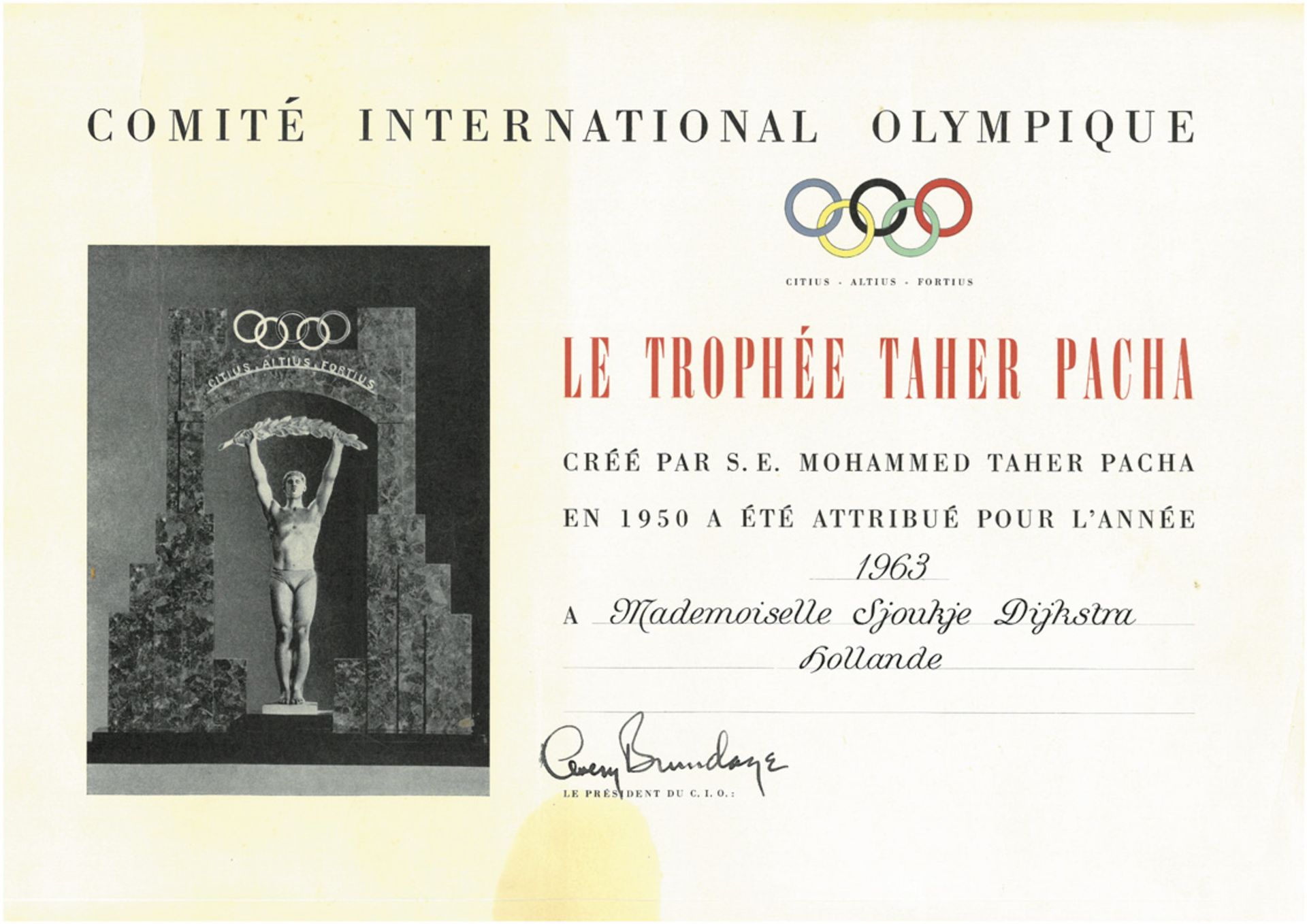 Olympic Games 1964 Diploma Trophée Taher Pacha - Certificate "Comité International Olympique. Le Tro