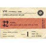 Eintrittskarte WM1958 - VM i Fotboll 1958. Fotbollstadion Solna. Finalmatch. 29.6.1958. (Endspiel
