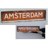 Bahnsteigschild OSS1928 - Originales Bahnsteigschild aus Blech mit der Aufschrift "Amsterdam" das