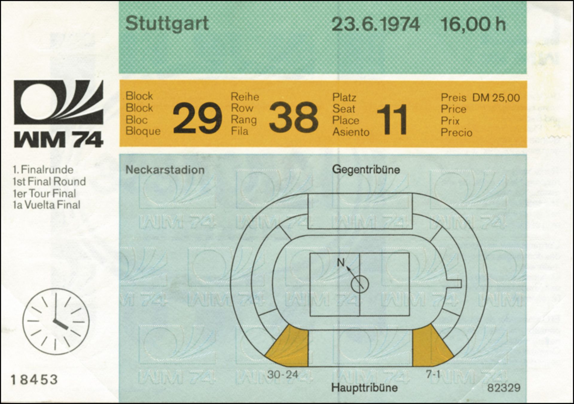 Ticket  World Cup 1974. Poland vs. Italy - 23rd June in Stuttgart, size 15x10 cm, --some spotsonthe 